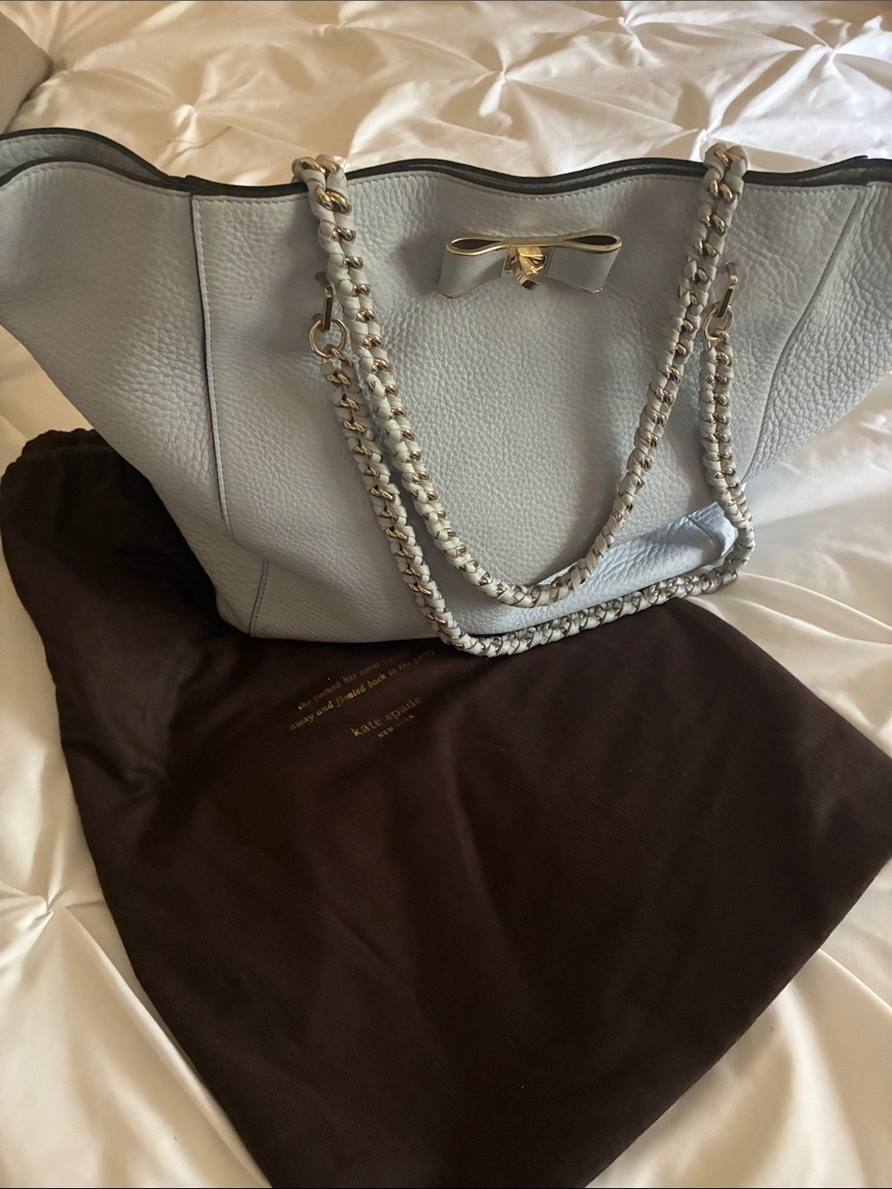 kate spade light blue pebbled leather tote with bow & chain straps